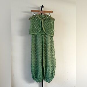 True Vintage 1930s Crochet Set Seafoam Green Gold Harem Balloon Pants